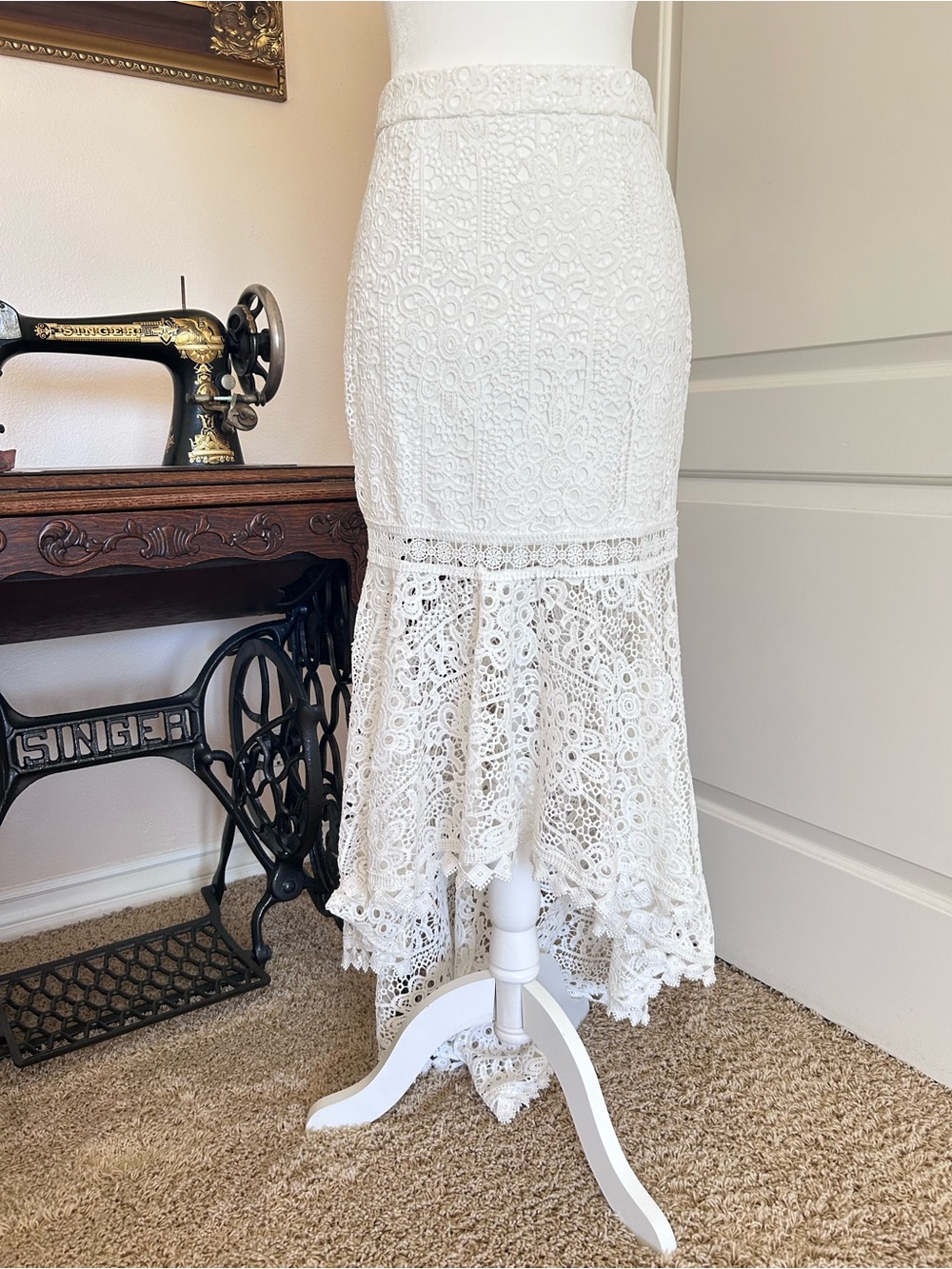 TwoSisters The Label Celine White Lace Wedding Mermaid Hi-Low Maxi Skirt